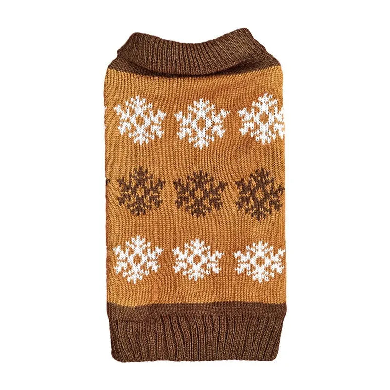 A dark brown and grey dog sweater with a snowflake pattern on a mannequin or dog, showing its knitted acrylic fabric.