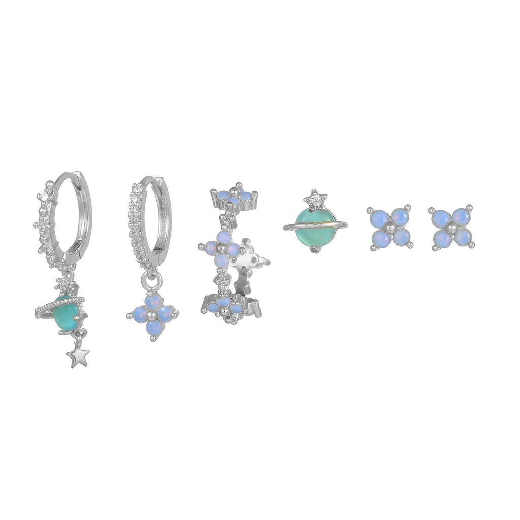 Flower-shaped ear studs with zircon mosaic jewellery in gold and silver colour options