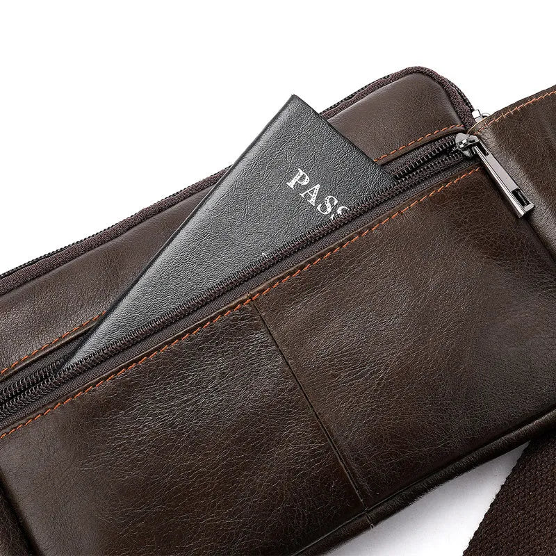 Horizontal square cowhide leather waist bag with zipper closure and multiple internal pockets