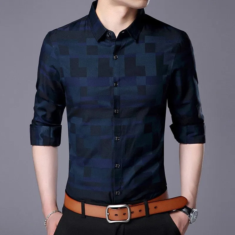 Men's cotton blend business casual shirt in blue, long sleeves, button-down front.