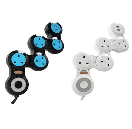 UK power strip with five sockets, two USB ports and rotating tow board design in white or black