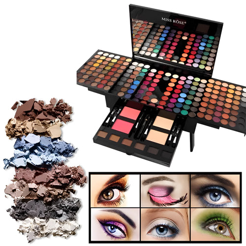 Piano-shaped makeup palette open to show 190 colour pans including eyeshadows, blushes, and powders.
