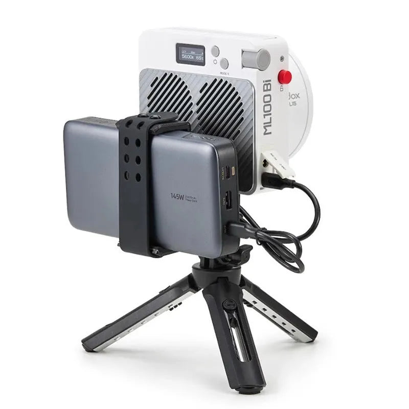 ML100Bi aluminium alloy photography LED fill light with lenses and battery handle on a stand.