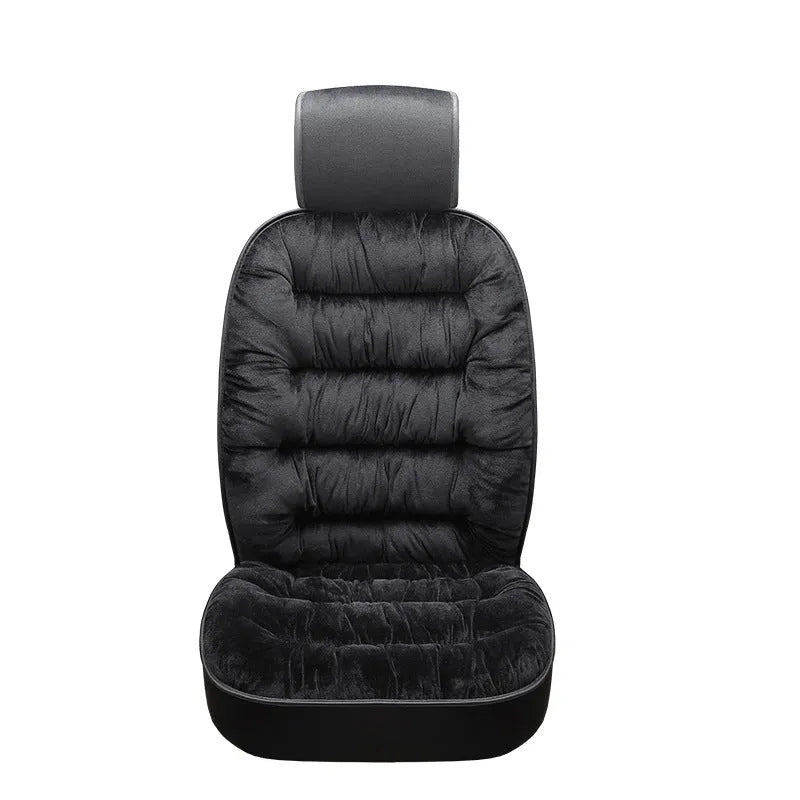 Universal winter warm plush car seat cushion in beige, fitting front seat of a car with elastic strap