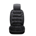 Universal winter warm plush car seat cushion in beige, fitting front seat of a car with elastic strap