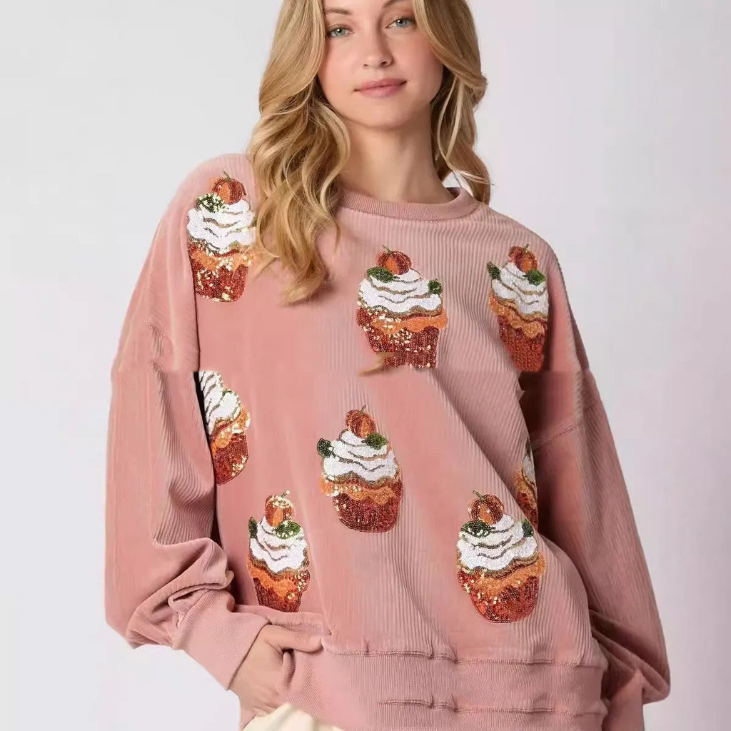 Pumpkin cake sequined round neck loose pullover sweater in rose colour with long sleeves