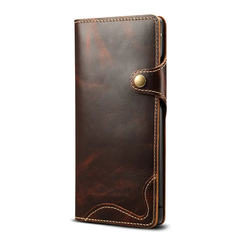 Handmade vintage leather clamshell phone case for Samsung Note9 with bracket and card slots