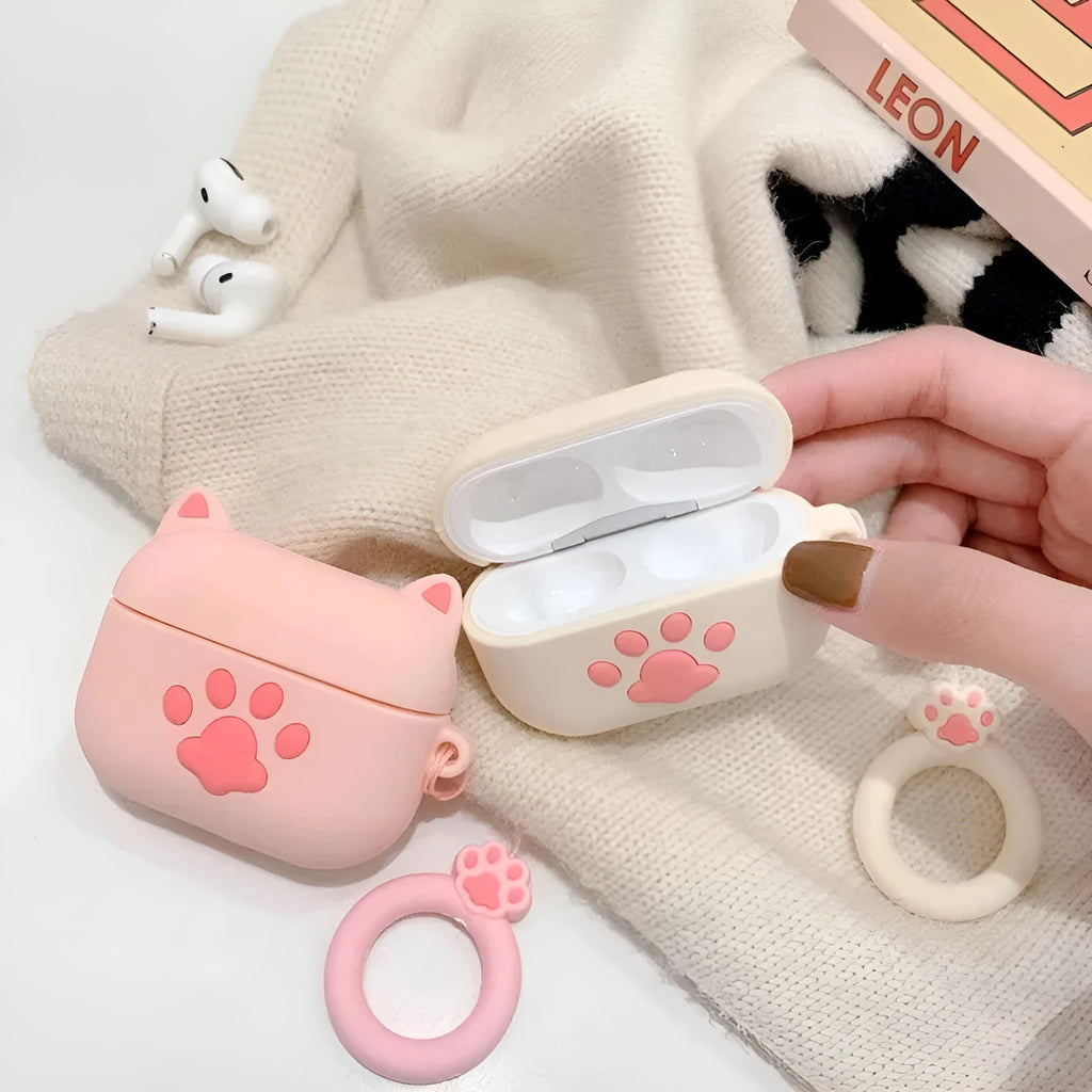 Cat claw silicone headphone case for Airpods with pink cat ear design and ring rope