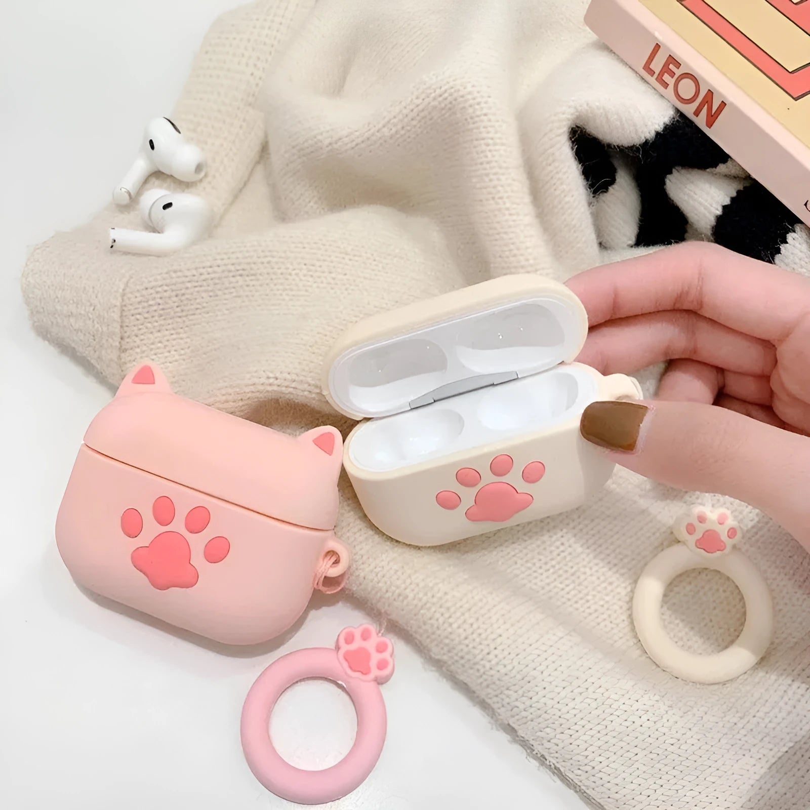Cat claw silicone headphone case for Airpods with pink cat ear design and ring rope