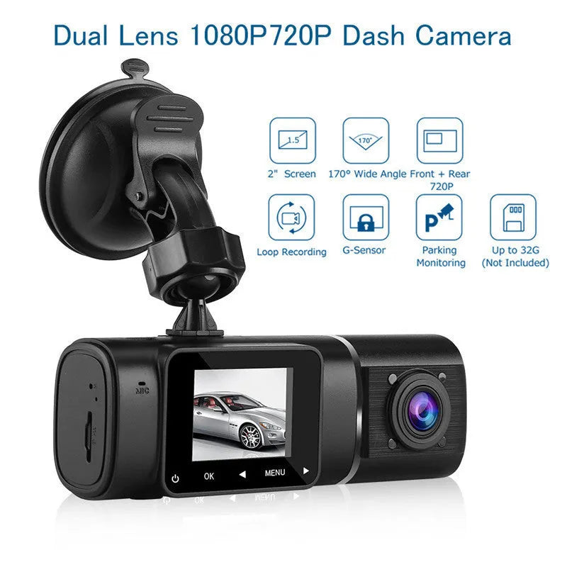 HD conjoined dual-lens car driving recorder in black with 170° wide angle, 12MP, windscreen mount