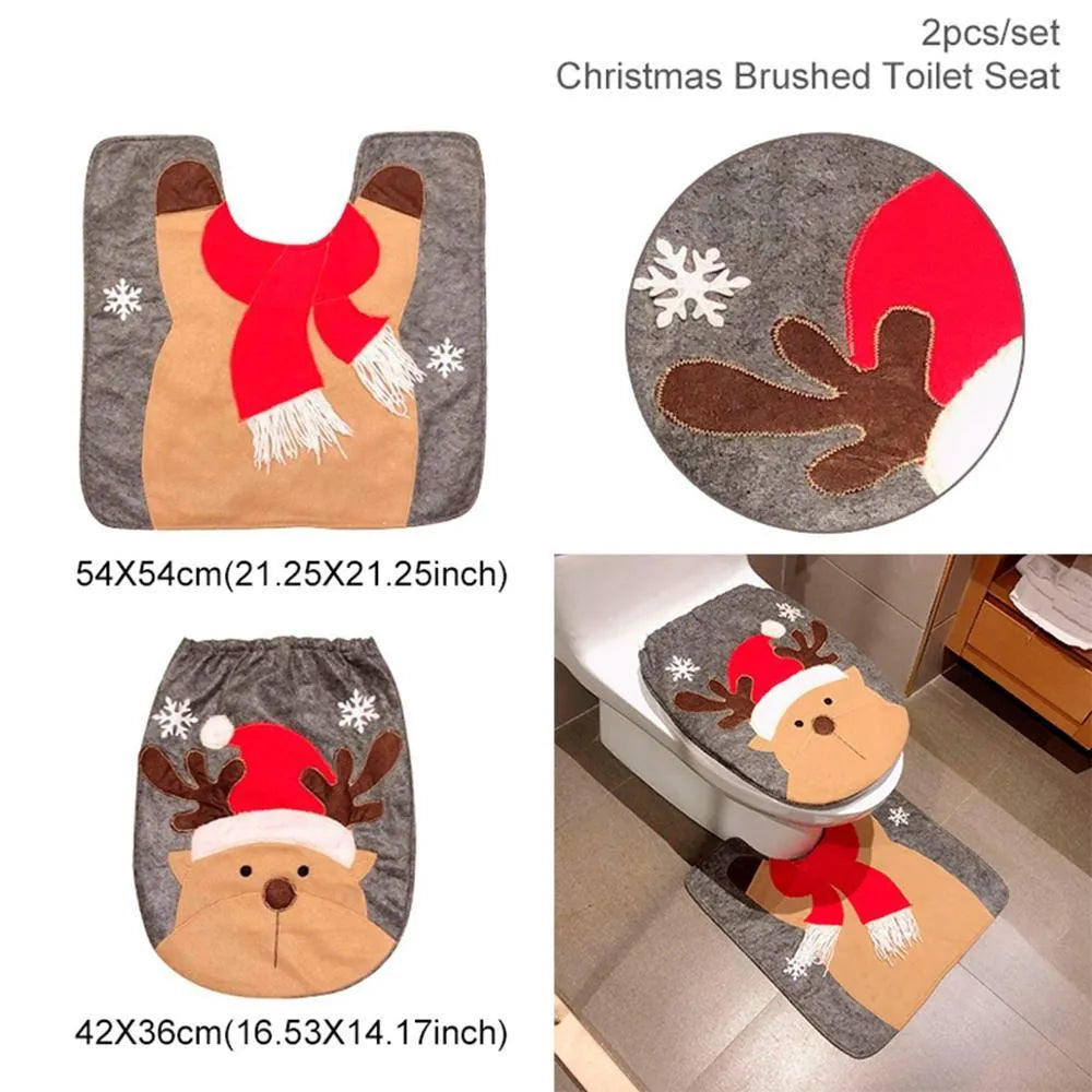 Flannel Christmas bathroom set with Santa toilet cover, shower curtain, footpad, and tank cover