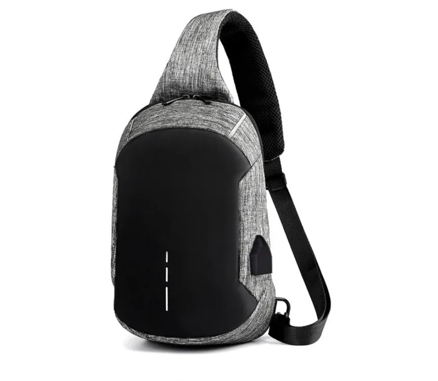 Dark blue Oxford cloth chest bag with a zip and adjustable strap, shown with a phone in its dedicated internal pocket.