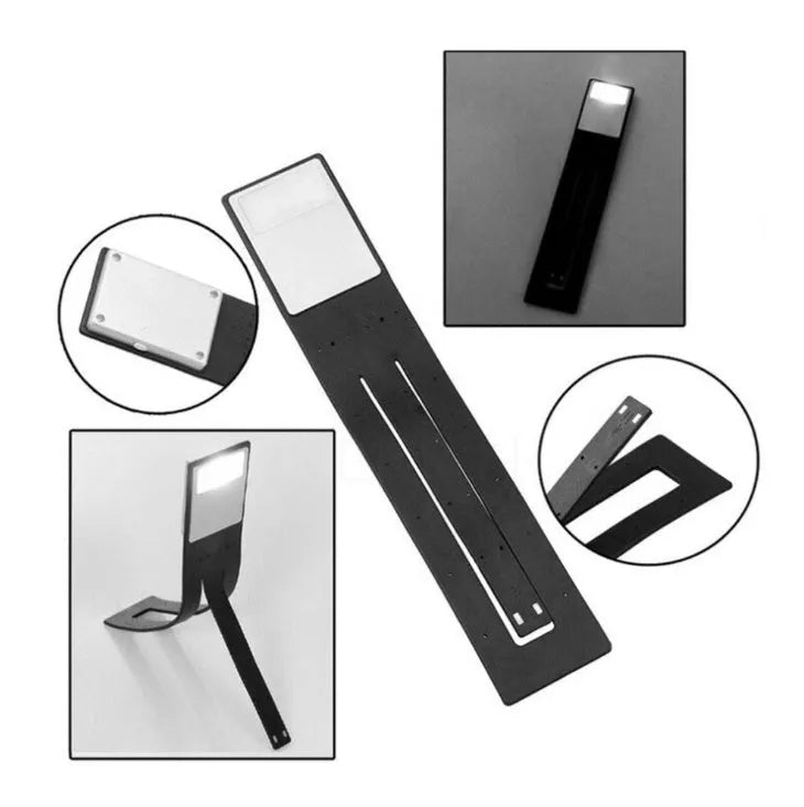 Black folding LED reading lamp for Kindle, 205x40x9mm, USB rechargeable with adjustable brightness
