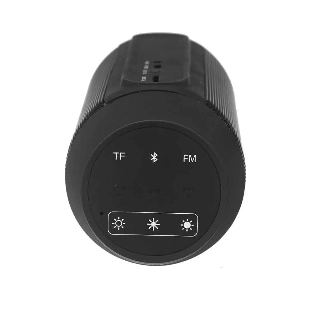 Compact black or white Bluetooth speaker with a ring of colourful LED lights around its middle.