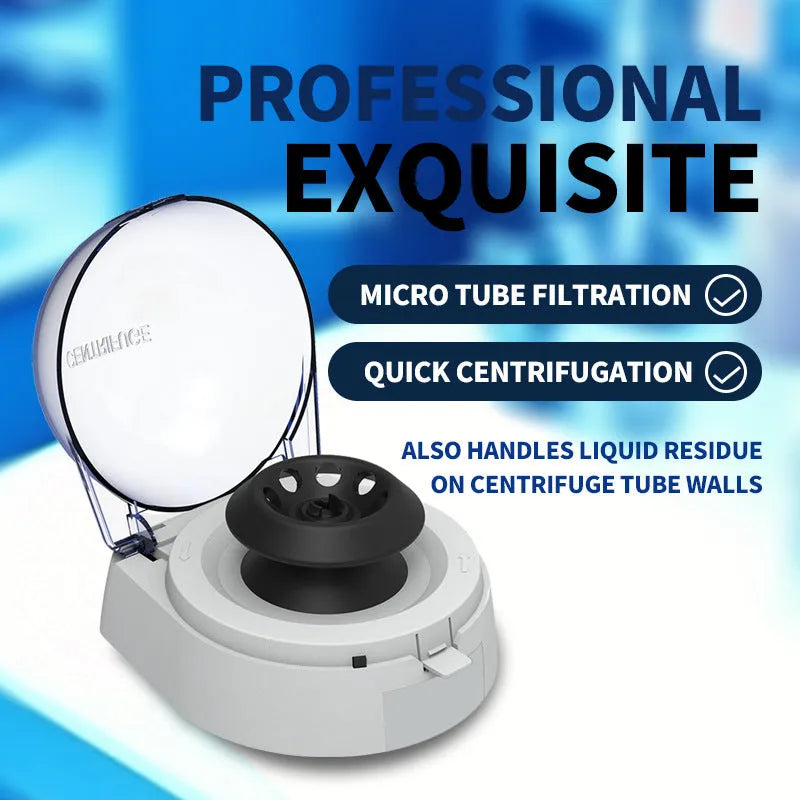 Small white mini laboratory centrifuge with digital display on a benchtop.