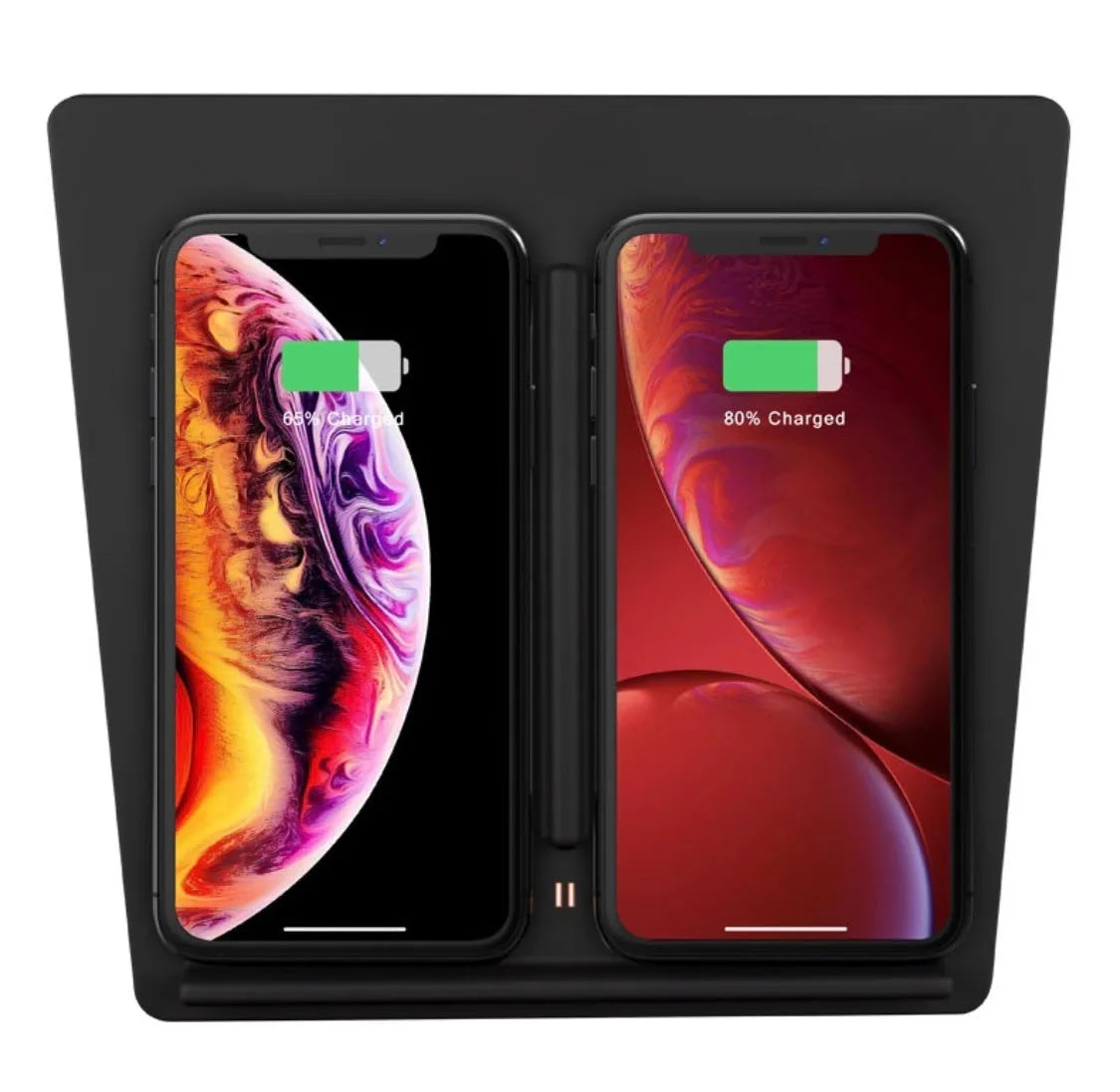 Tesla Model 3 black wireless car charger with dual coil and double separation line design, 19.2cm x 17.3cm x 1.8cm