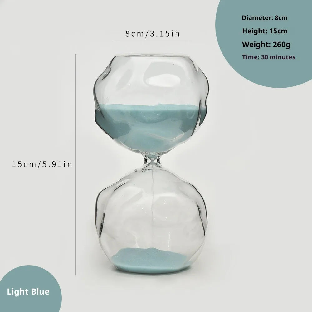 Borosilicate glass sand timer with coloured sand in a European-style blown glass hourglass