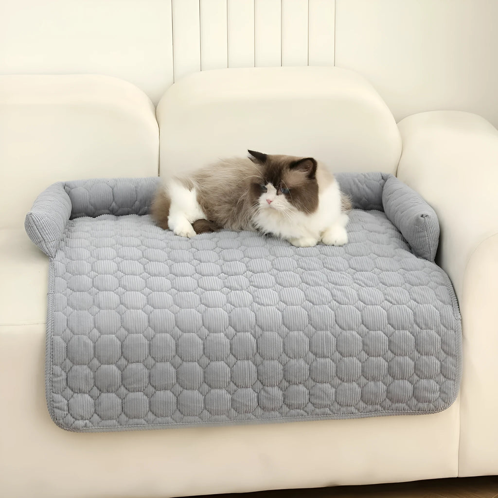 Corduroy pet dog cat bed blanket mat with neck pillow thick soft pad in beige color on a sofa
