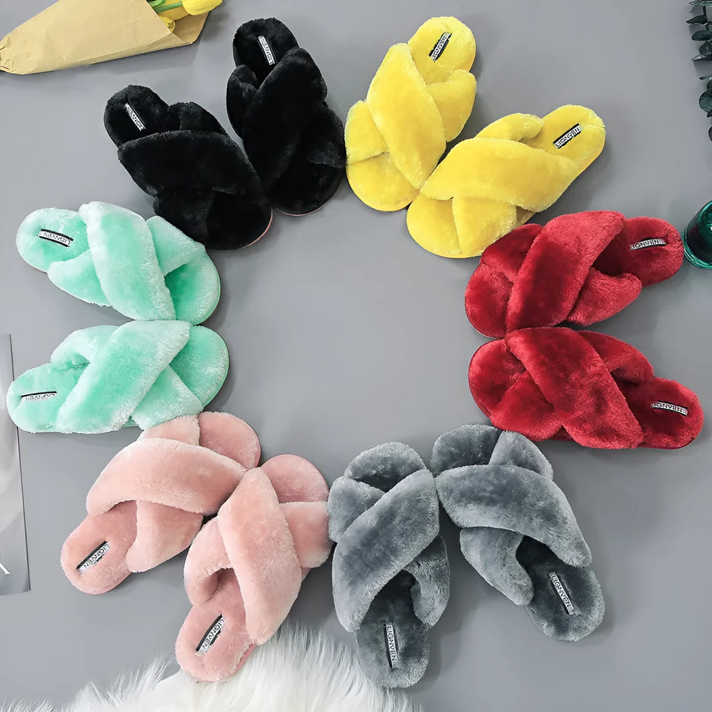 Women's cross open-toe fur slippers in multiple colours on a patterned non-slip rubber sole.
