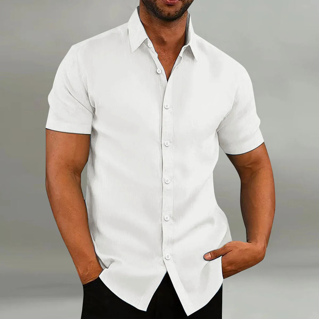 Men's vintage cotton linen loose short sleeves cardigan shirt in eight colours with non-iron finish