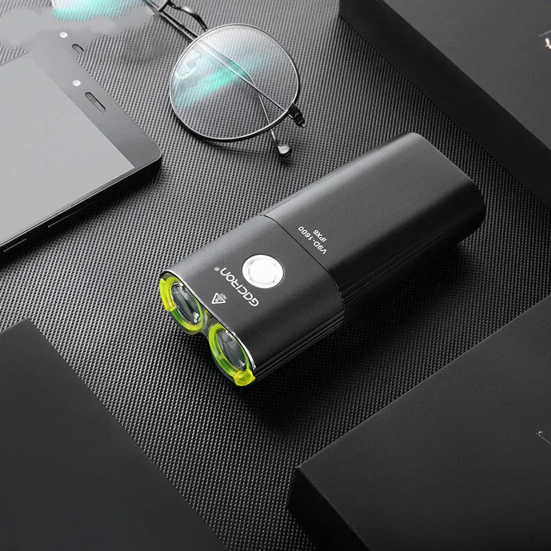 Waterproof bicycle headlight 1600 lumens with power bank, aluminium body, USB rechargeable, handlebar mount