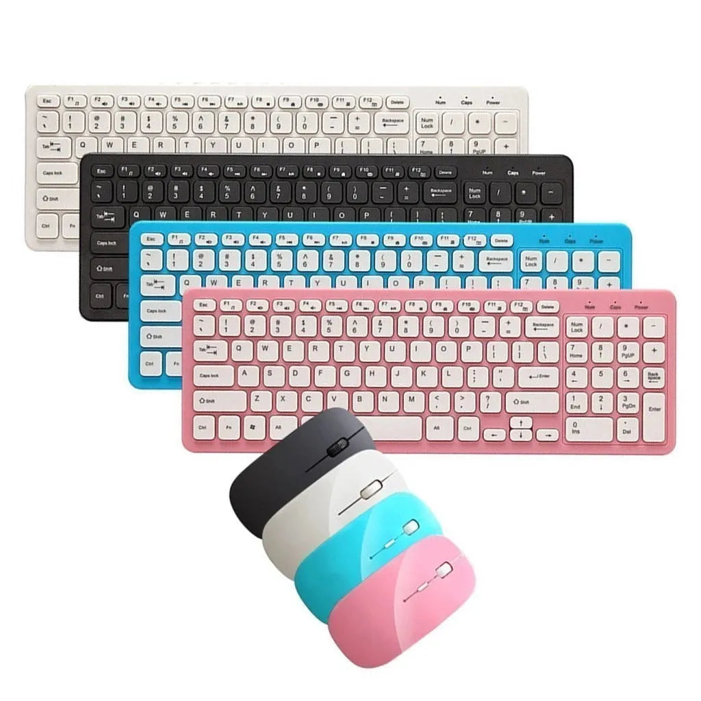 Wireless keyboard and mouse set in blue colour showing compact keyboard and mouse with USB receiver.