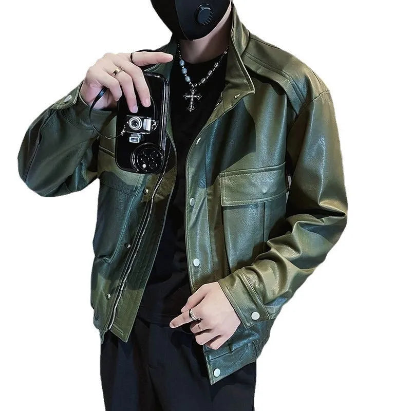 Men's black PU leather jacket with Korean style design, straight hem and side seam pockets
