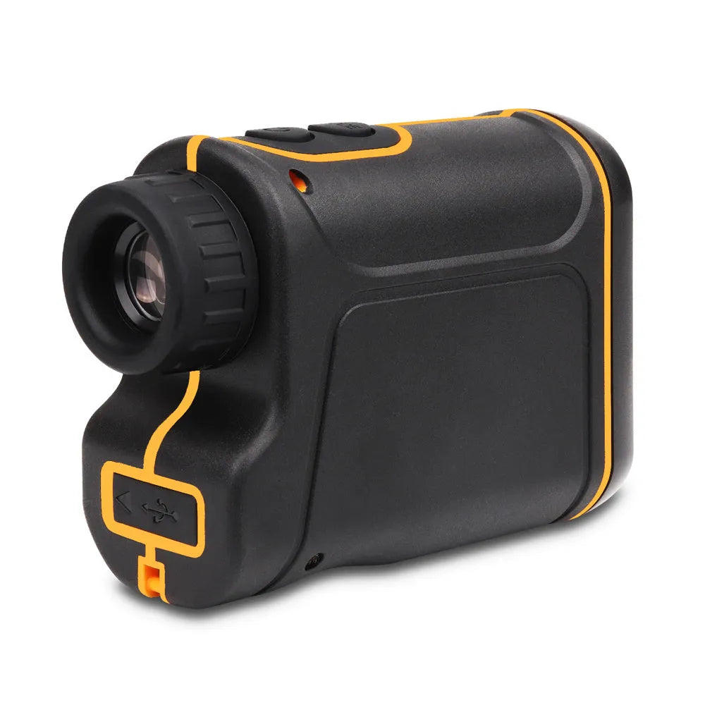 Handheld golf rangefinder distance measurer showing compact design with measurement display