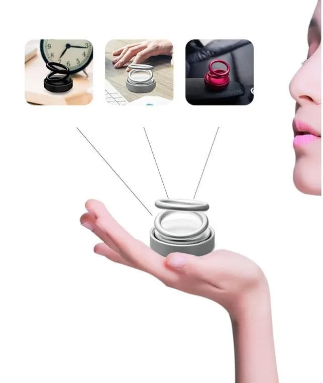 Double ring rotating car aromatherapy diffuser with aluminium alloy magnetic suspension holder in black
