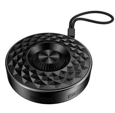 Compact portable Bluetooth speaker in black, orange, or silvery white with wireless audio and FM radio.