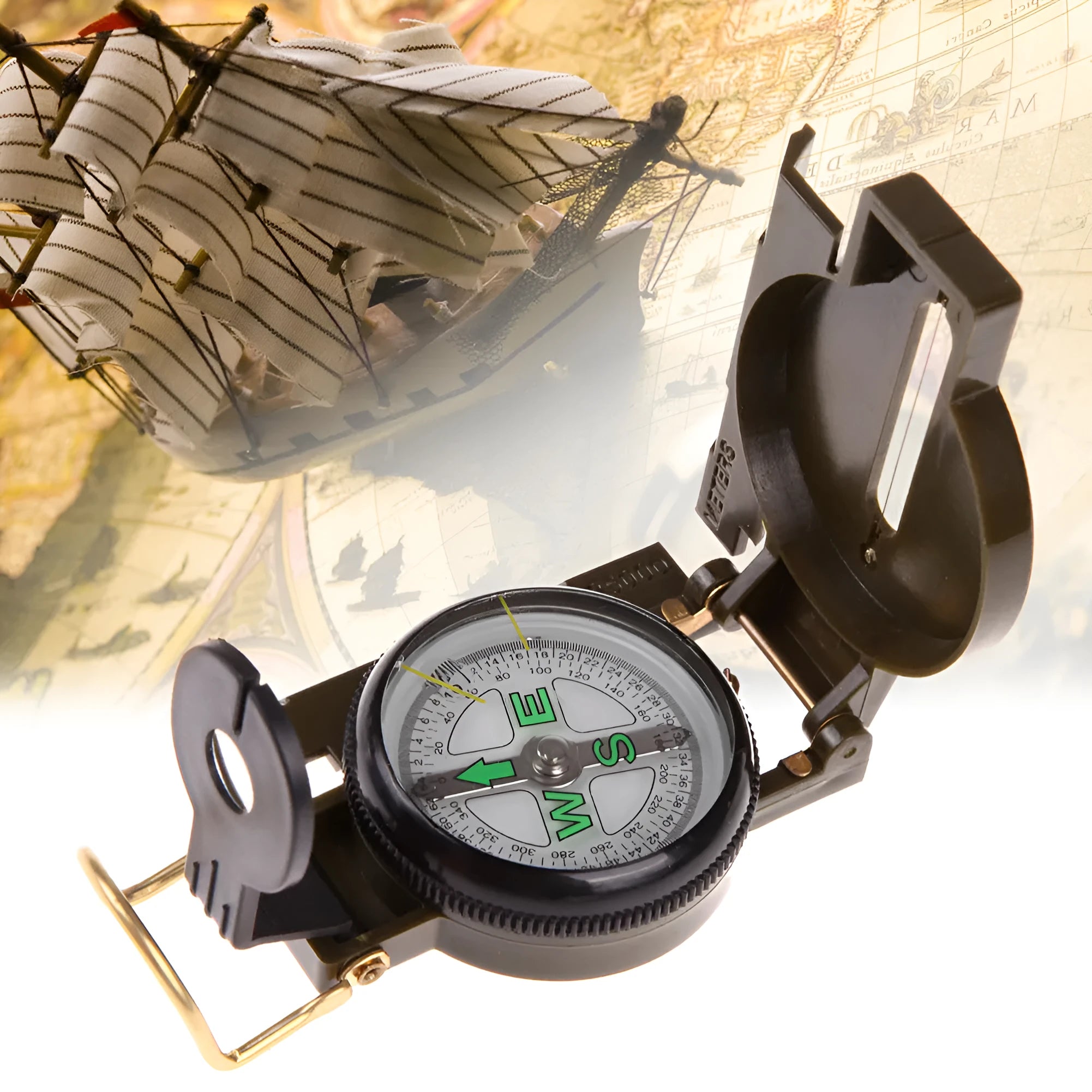 Army green aluminium alloy foldable compass with kerosene damping, opened to show lens and needle
