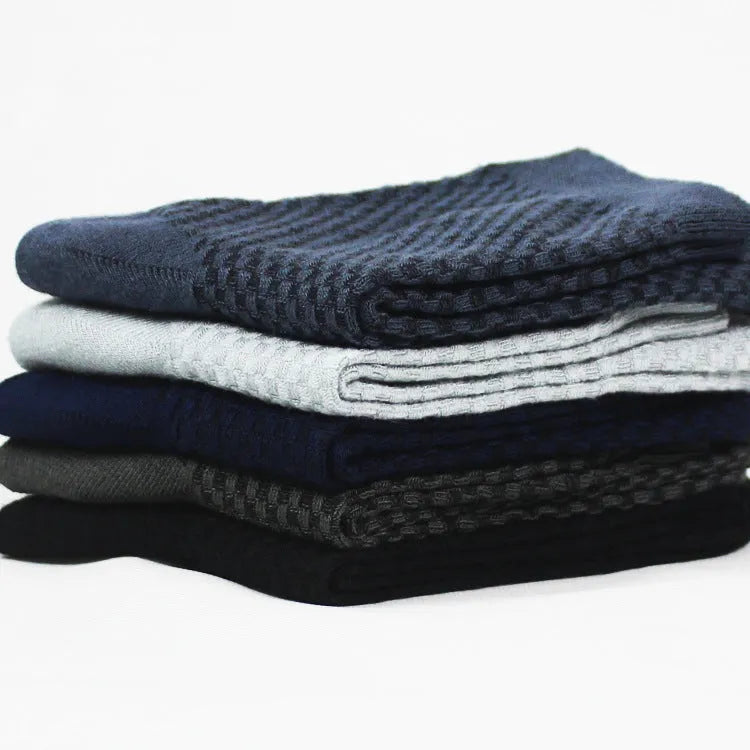 Men's bamboo fibre business socks in a small square pattern, shown in navy blue colour.