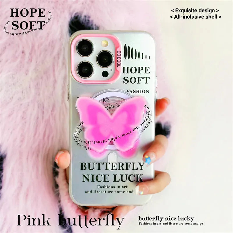 White TPU phone case with magnetic bracket and printed frosted laser design for Apple iPhone