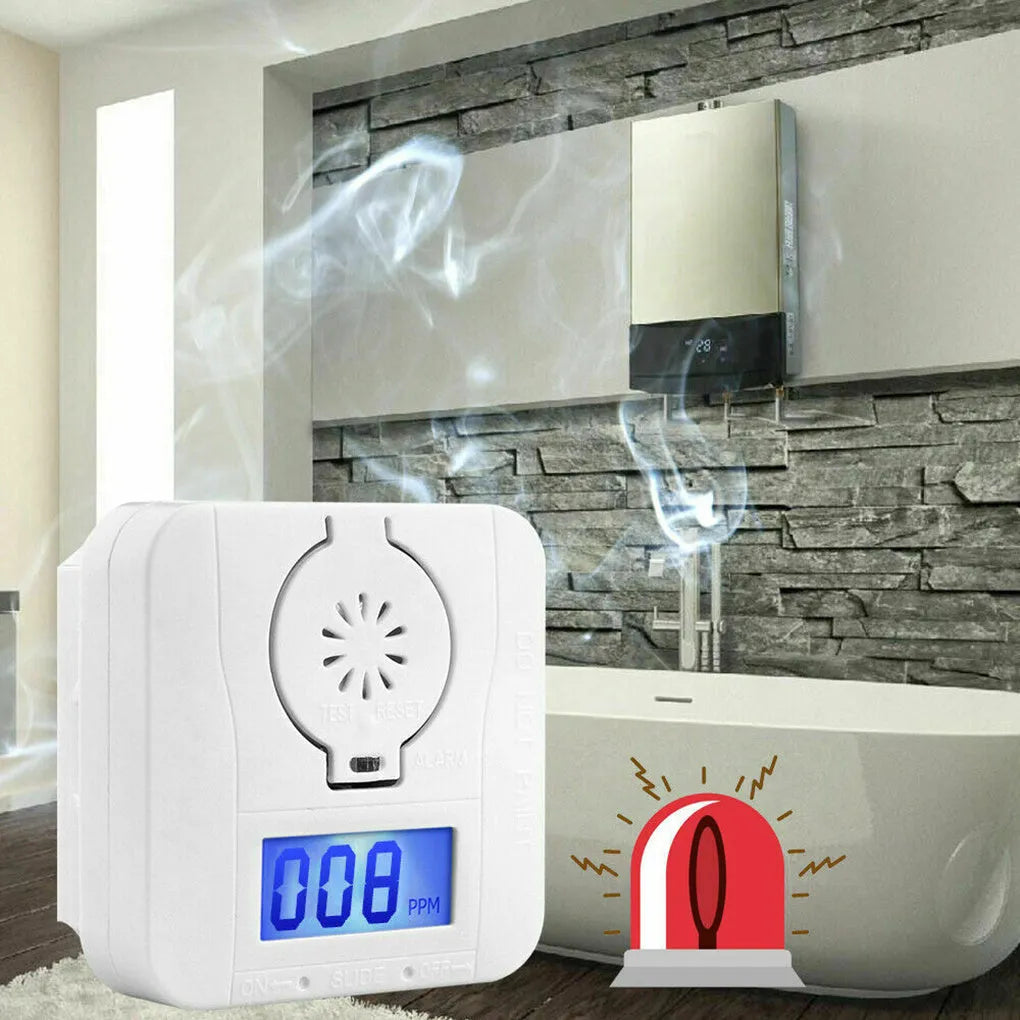 White wireless carbon monoxide alarm mounted on a wall for detecting coal and soot gas.