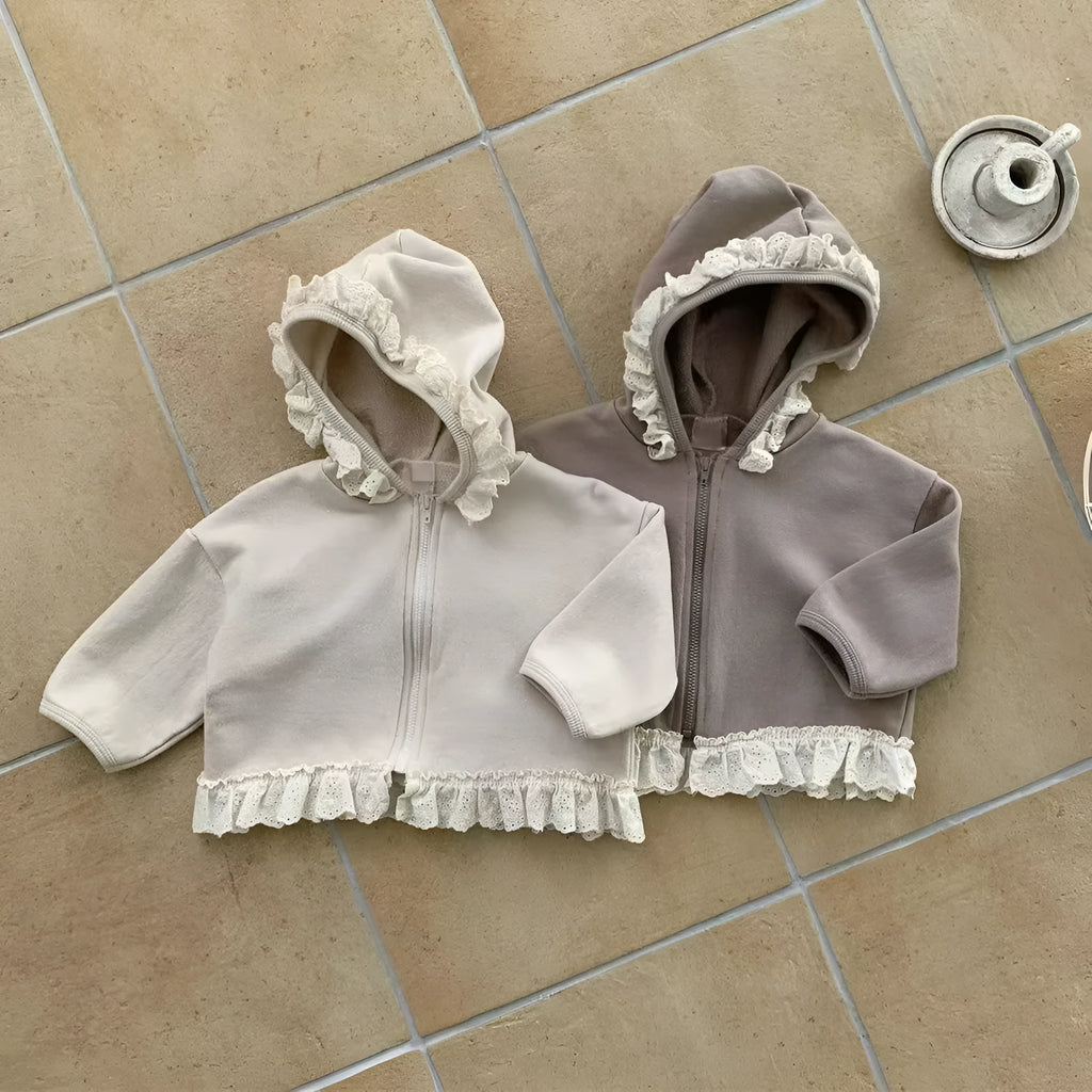 Children's lace hooded zipper sweatshirt in brown solid colour, long sleeves, cotton fabric