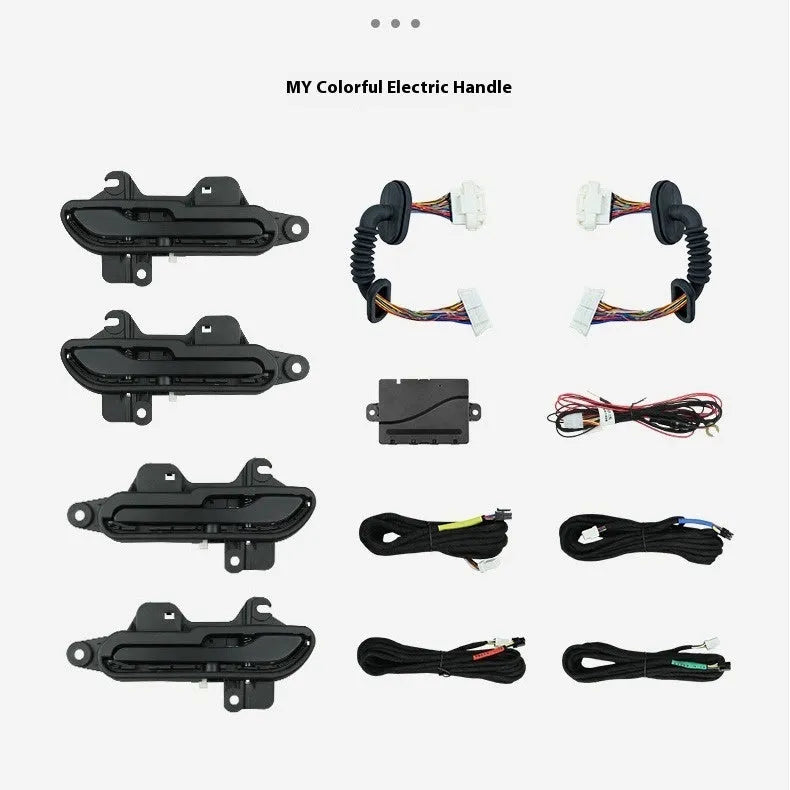 Black alloy car door handle modification set for Tesla Model Y and Model 3, including 2024 renewal model