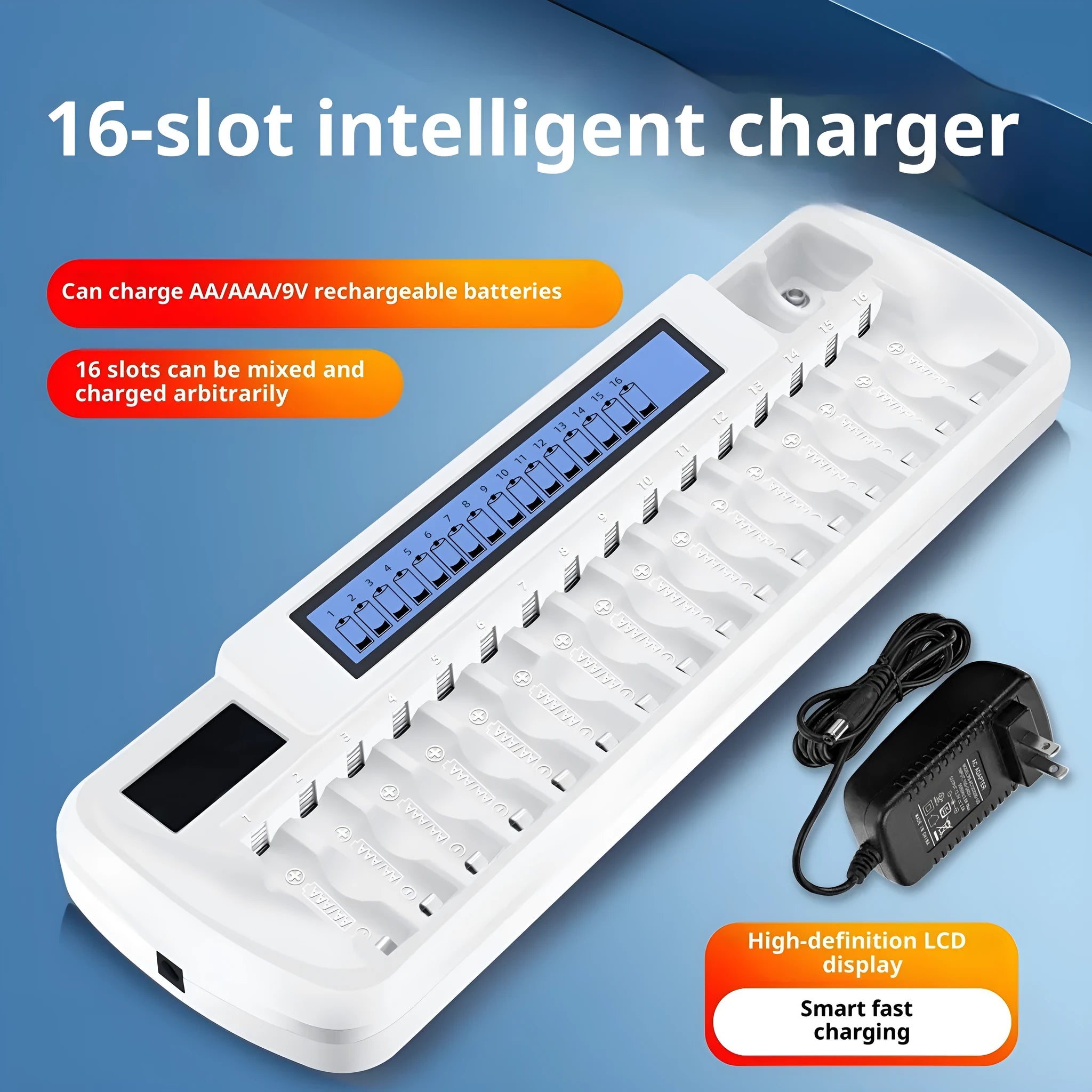 VIP-1680C LCD smart charger with 16 slots for AA AAA batteries and two 9V slots, ABS flame retardant casing, EU US plug options