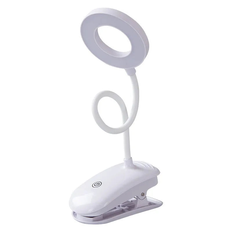 Clip-on rechargeable desk lamp with touch controls showing modern minimalist design