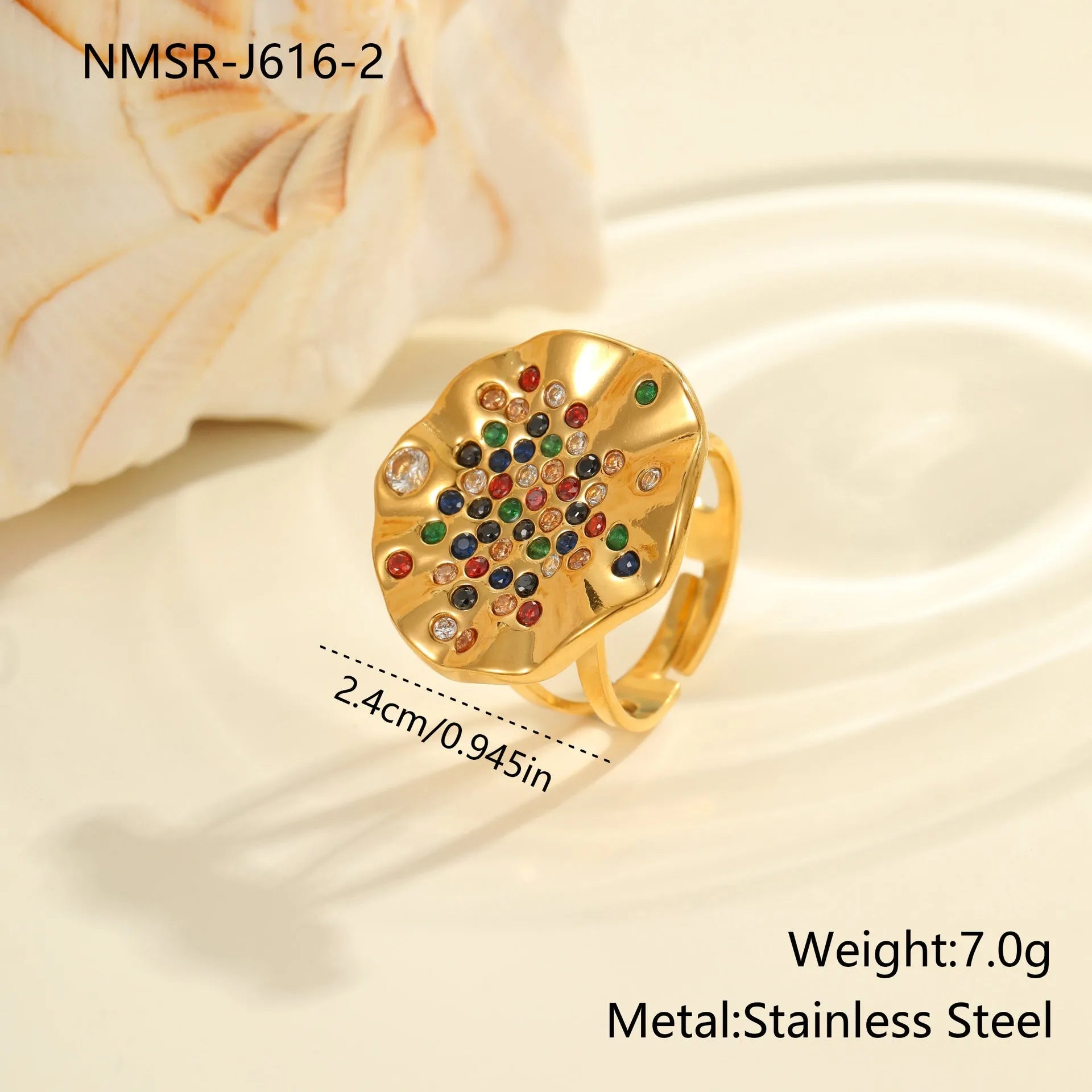 Geometric open mouth ring with pleated inlaid diamond detailing in electroplated stainless steel