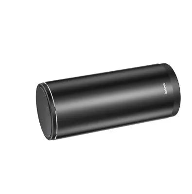 Compact aluminium alloy car trash bin with black finish, 500mL capacity, and click-open lid, placed in a vehicle cup holder