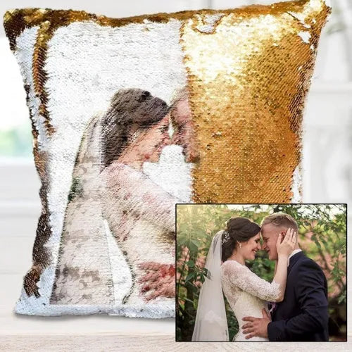 Gold custom photo sequins throw pillowcase 40cm by 40cm handmade personalised gift with reversible sequin design