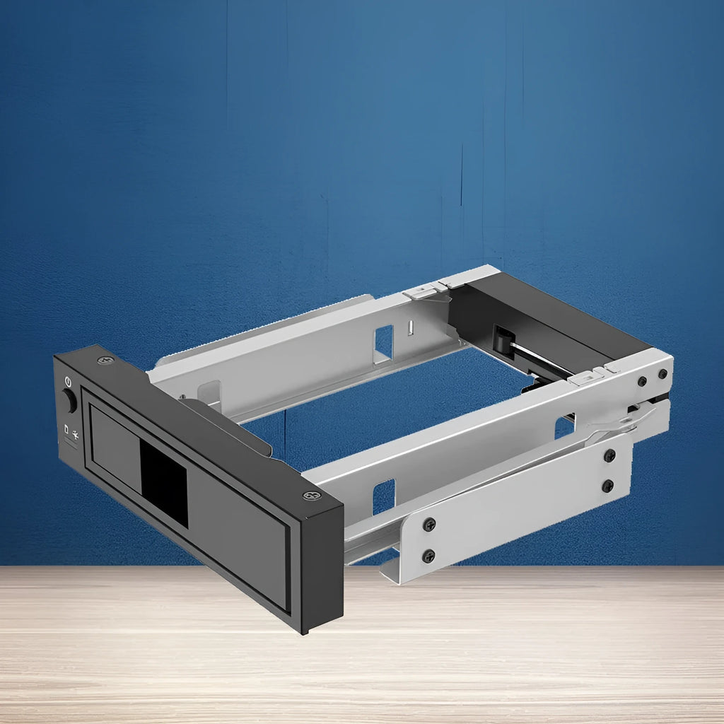 Black hard disk tray made of plastic and iron, 183x146x42mm, for vertical CD-ROM bay mounting