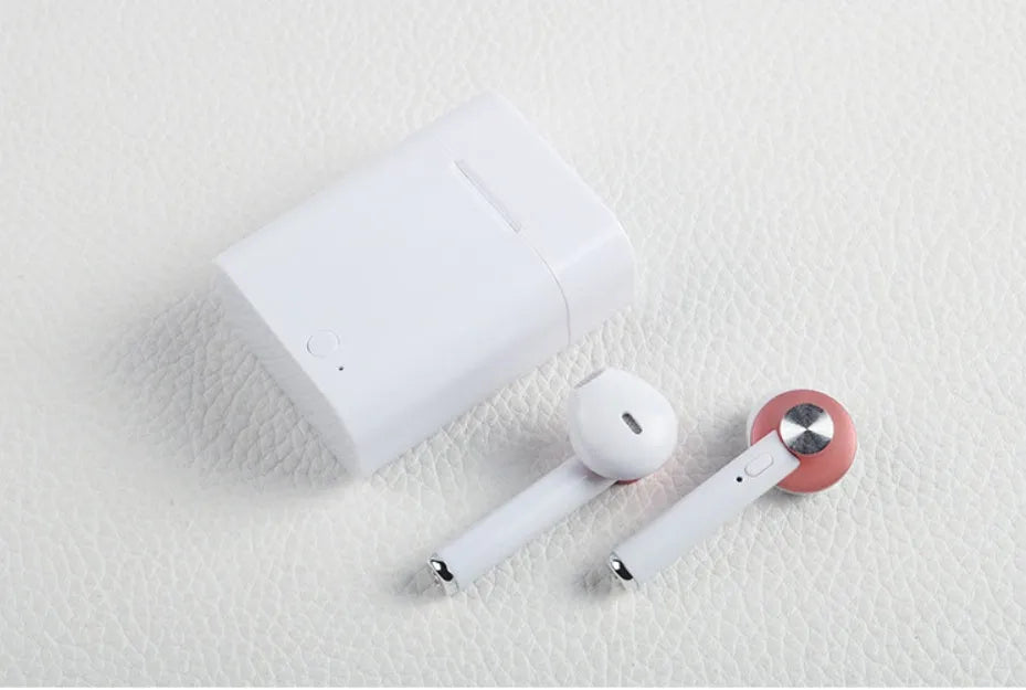 Wireless sports Bluetooth earbuds showing multiple colour options with 10-metre range
