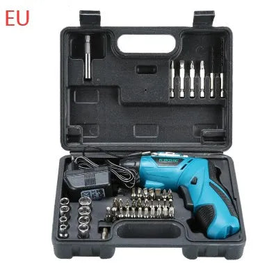 4.8V electric screwdriver set in blue with rotating handle and battery indicator light