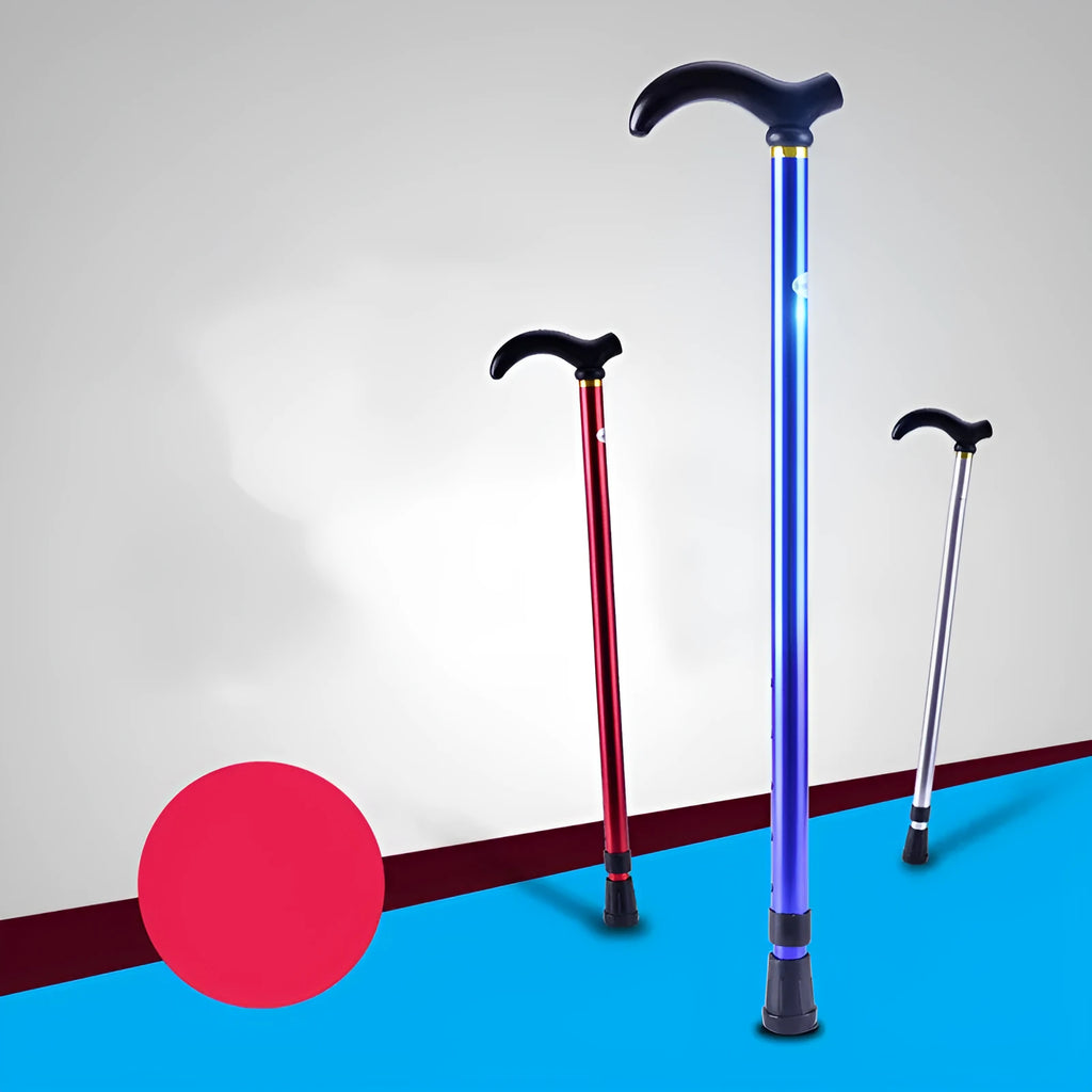 Telescopic aluminium walking stick with rubber tip on outdoor trail, six-grade adjustment knob visible on shaft