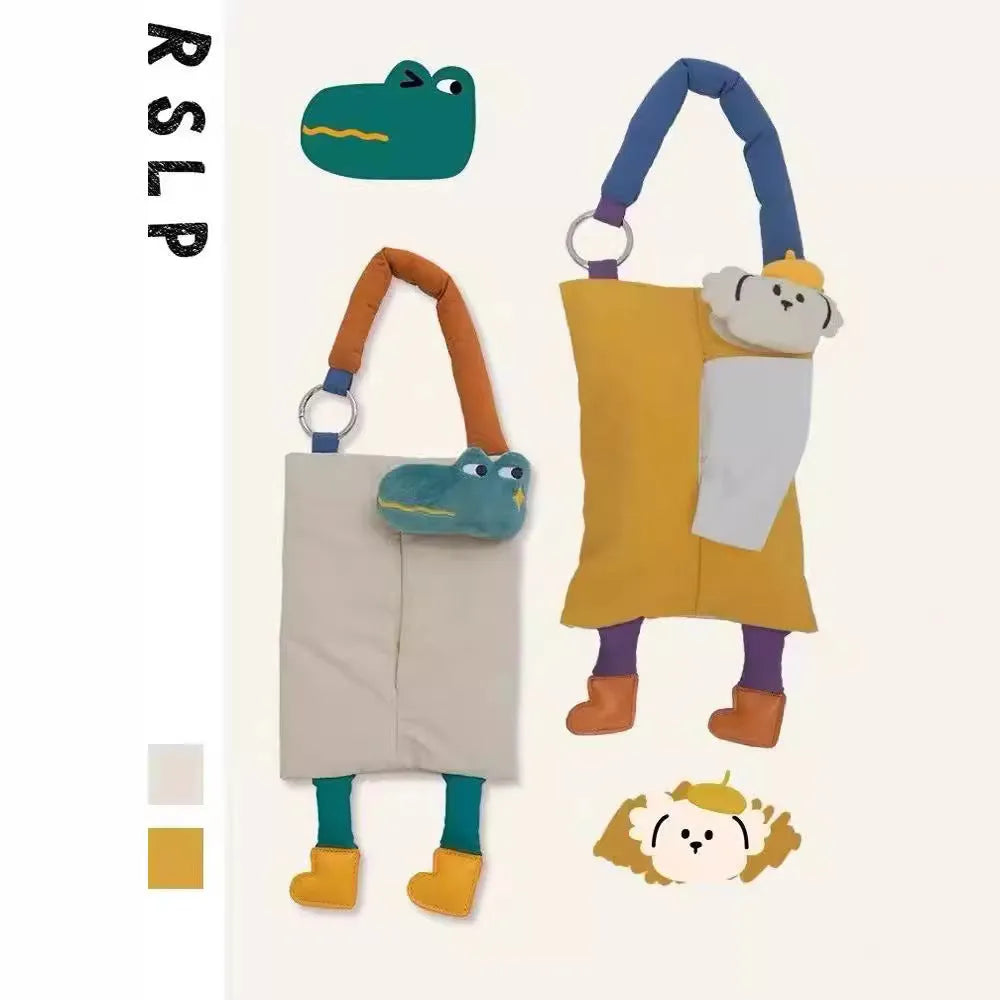 Plush hanging car tissue bag in hat dog or baby crocodile design for vehicle storage