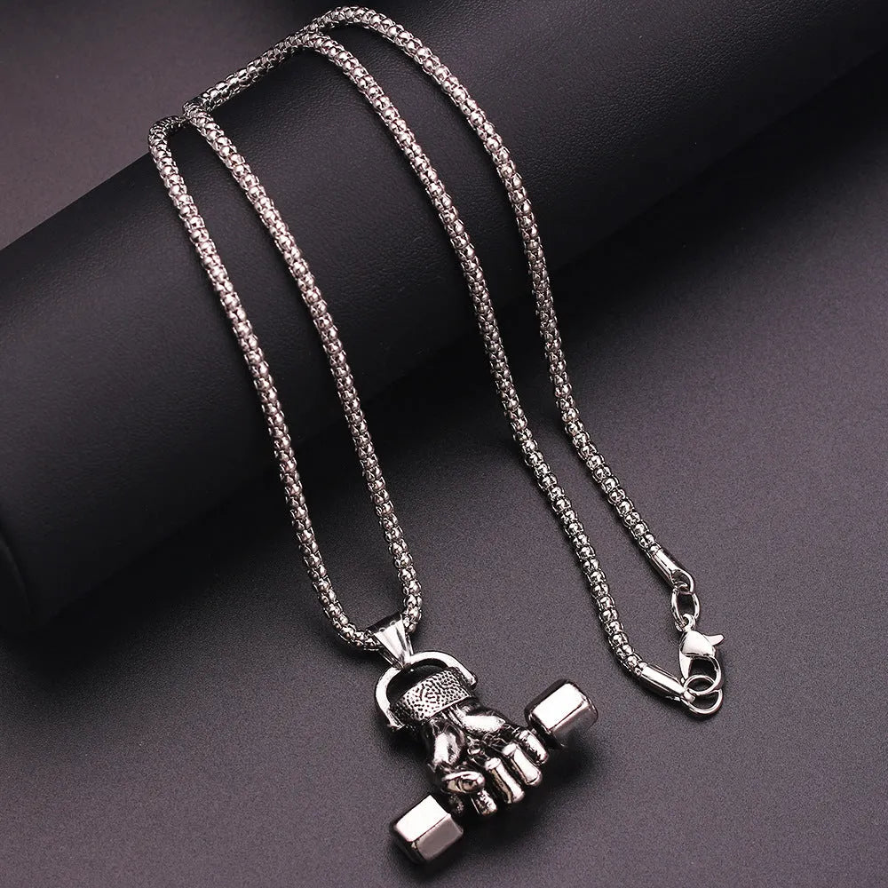 Silver gym dumbbell pendant on snake bone chain necklace unisex alloy electroplated finish