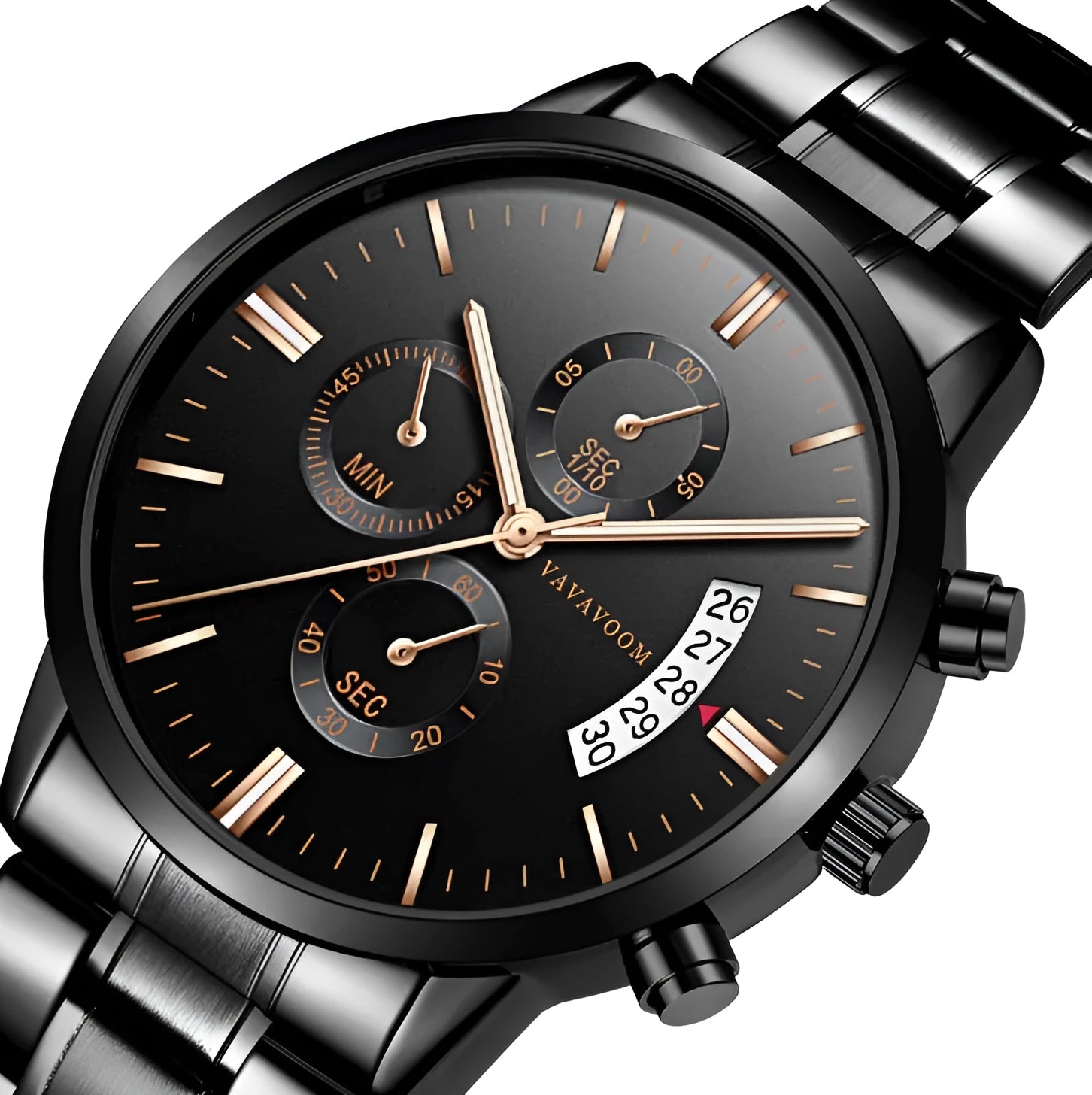 Men's stainless steel watch with round 43mm dial showing calendar display and quartz movement