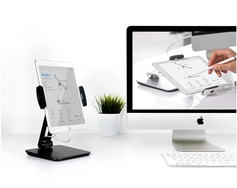 Folding aluminium phone and tablet stand in black showing 360° rotation and anti-slip silicone pads