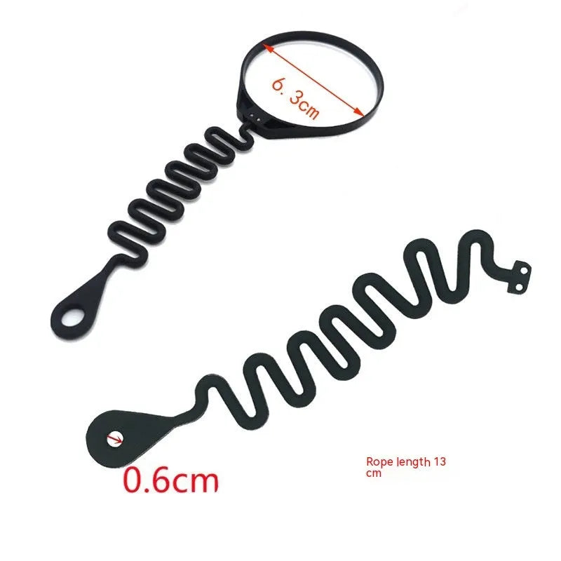 Black rubber fuel cap tether for Volvo vehicles showing circular band and separate rope attachment options